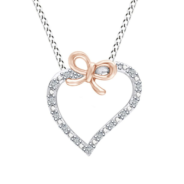 1/8 Ct Jewel Zone US White Natural Diamond Heart with Bow Pendant Necklace in 14K Gold Over Sterling Silver 